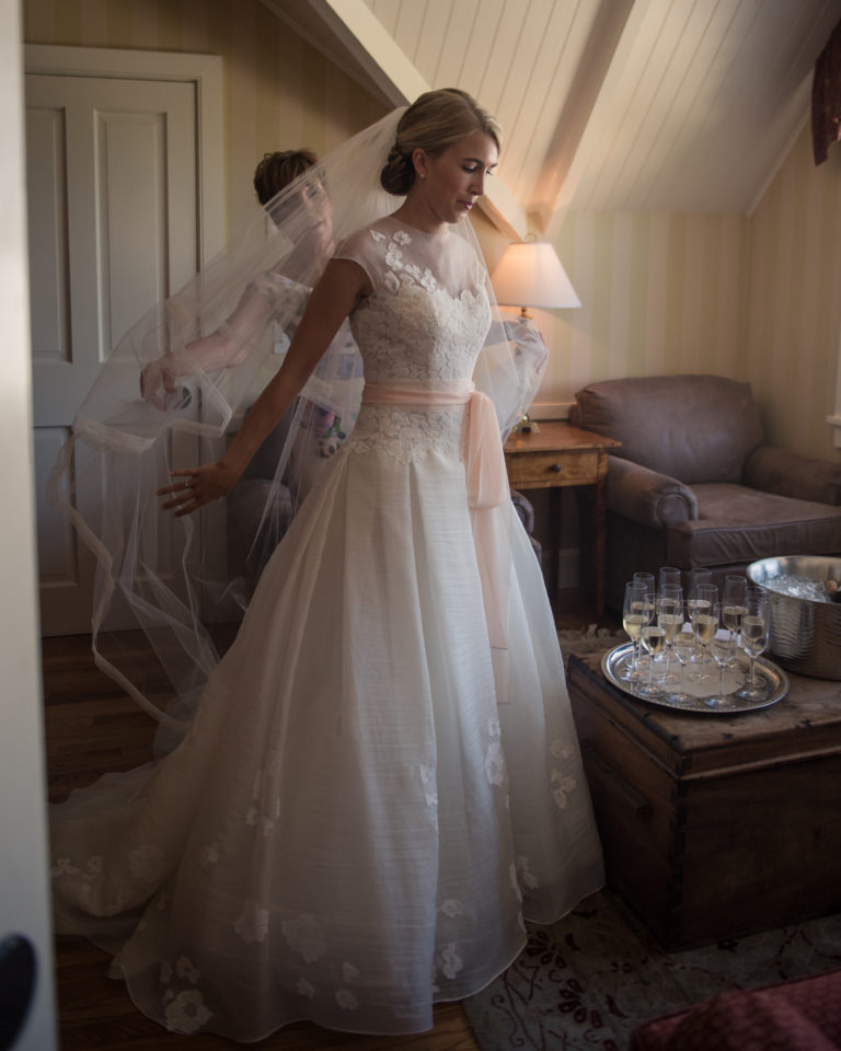 Bride in Peter Langer wedding gown at her wedding at Castle Hill Inn Newport RI
