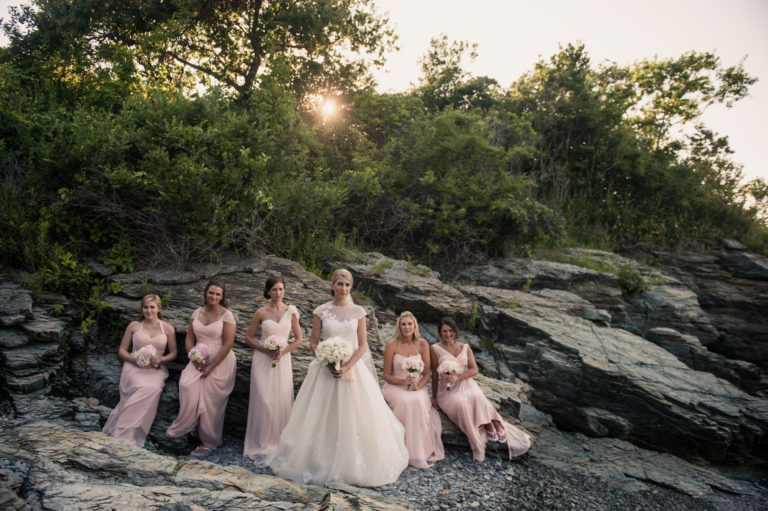 Bridal party in pink bride in Peter Langer wedding gown at Castle Hill inn Wedding Newport RI