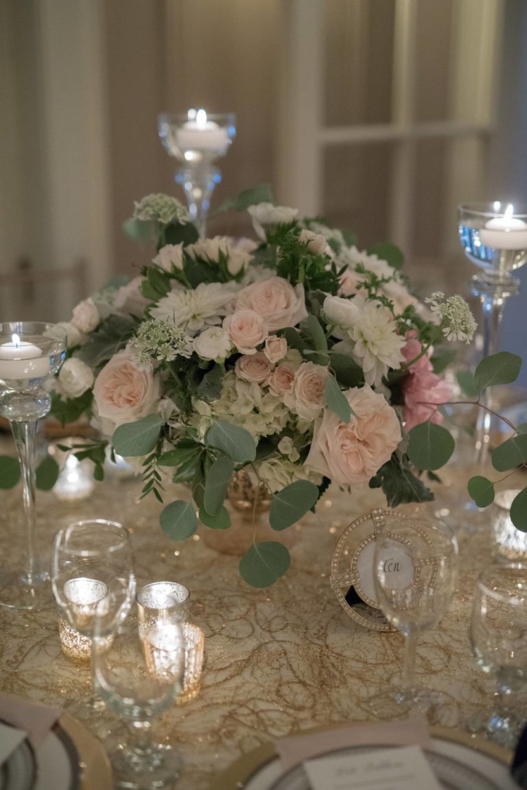 White wedding reception centerpieces by Hana Floral Lord Thompson Manor CT