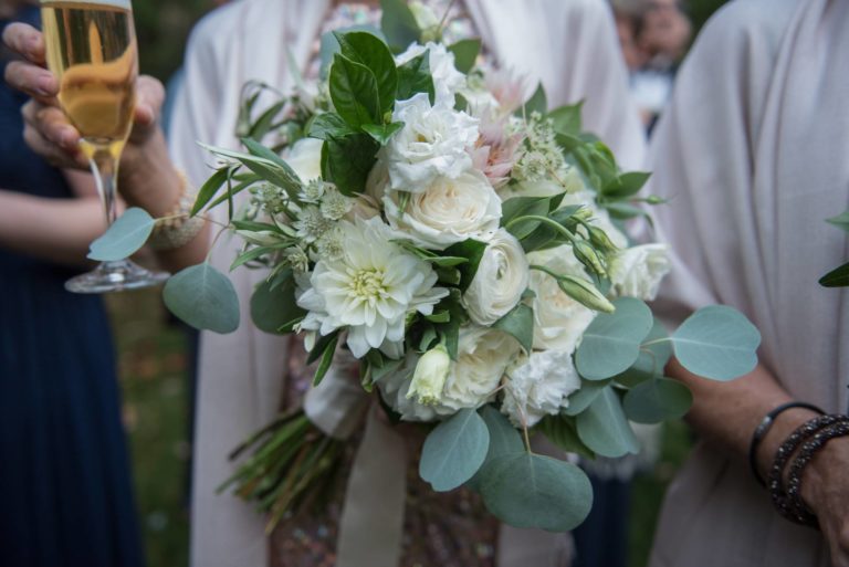 White ivory greens wedding bouquet by Hana Floral at Lord Thompson Manor Thompson CT