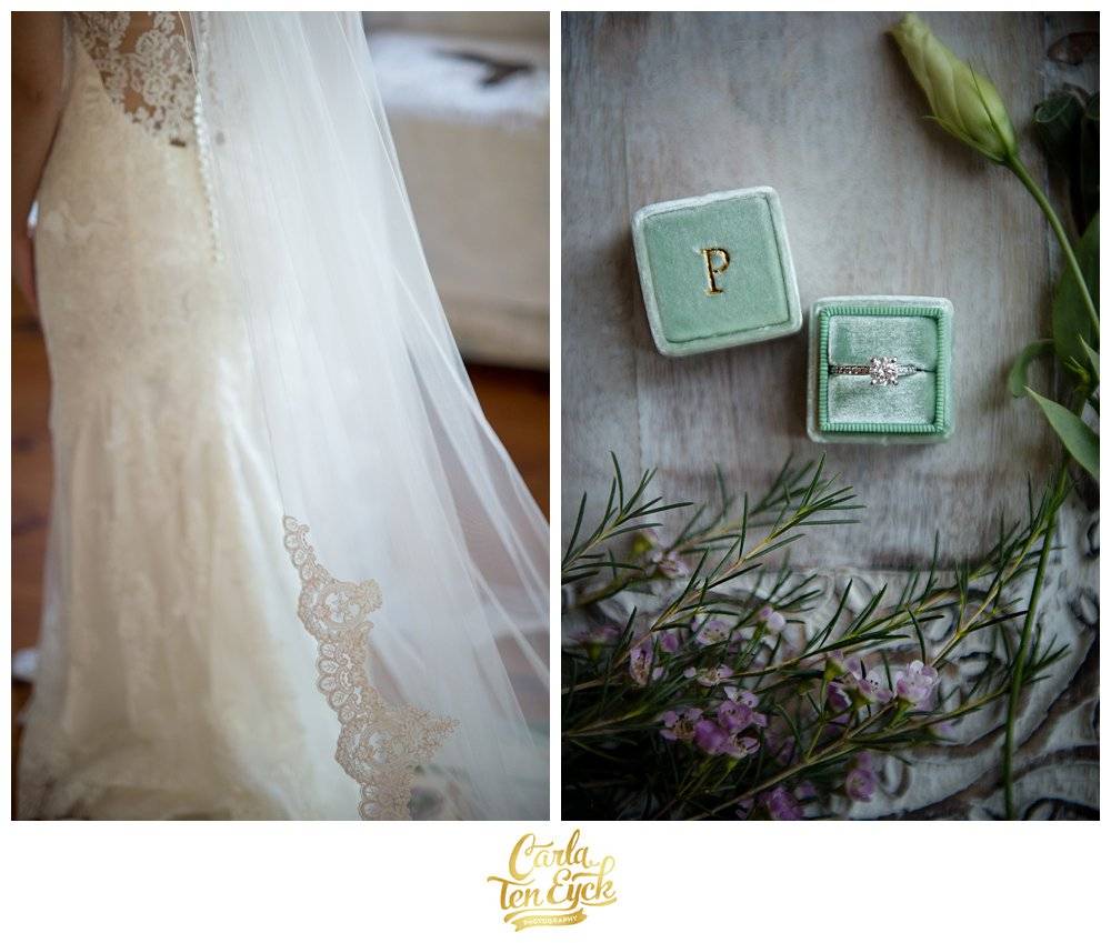 Wedding inspiration lace back dress and wedding rings at Tyrone Farm, Pomfret CT