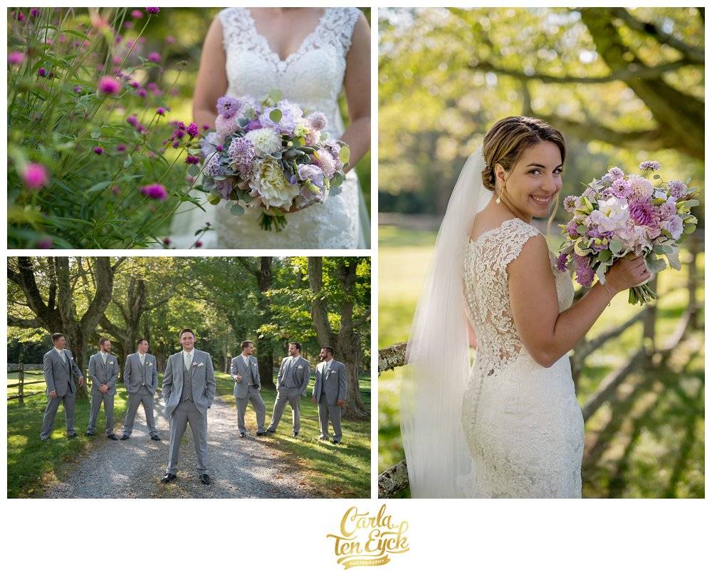 Purple wedding bouquet with dahlias by Stems Floral Design at Tyrone Farm, Pomfret CT