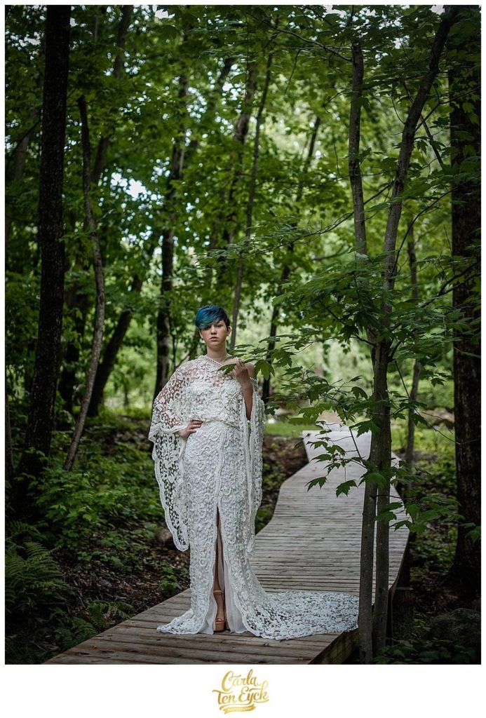 Rue De Seine Benny Bodhin gown in the woods at the Chatfield Hollow Inn, Killingworth CT