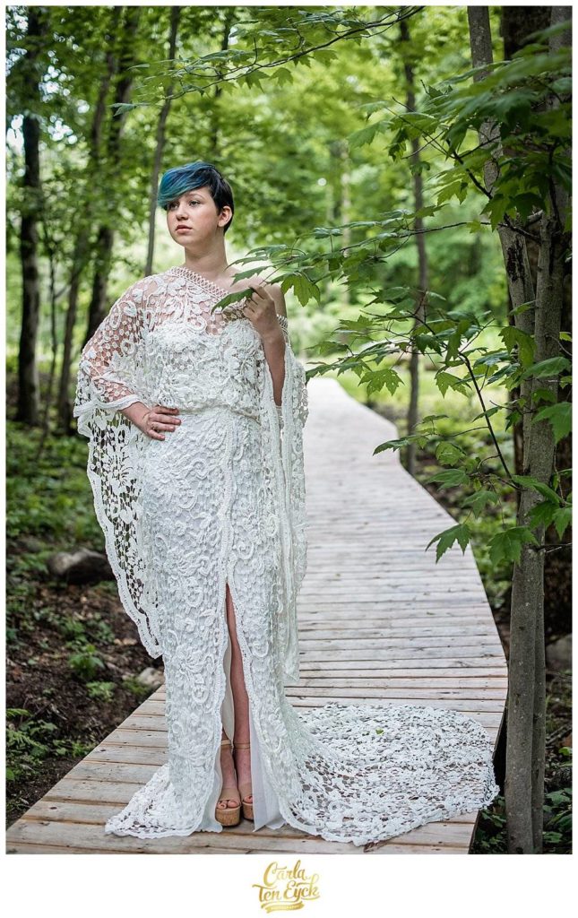 Rue De Seine Wedding gown, on wooden boardwalk at Chatfield Hollow Inn, Killingworth CT