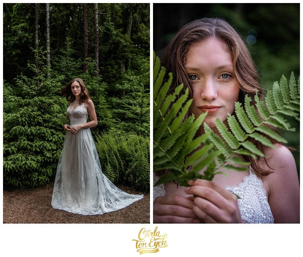 Everthine bridal wedding gown in the forest at Chatfield Hollow Inn, Killingworth CT