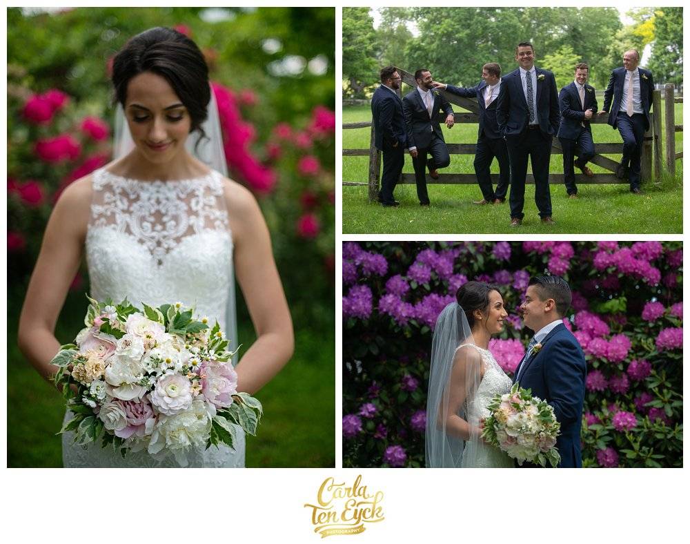 Bride holds soft pink wedding bouquet by Eddy Farm at her Tyrone Farm wedding, Pomfret CT
