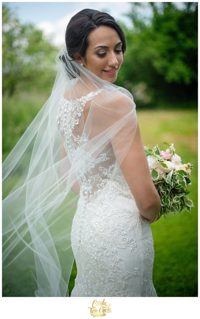 Bride in lace Maggie Sottero wedding gown at Tyrone Farm, Pomfret CT