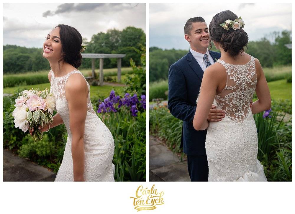 Bride laughing in her lace Maggie Sottero wedding dress at Tyrone Farm, Pomfret CT