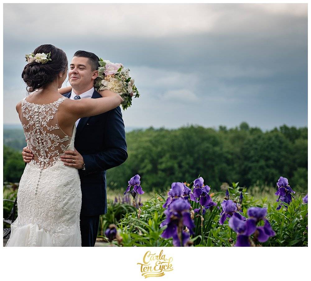 Bride in lace back Maggie Sottero wedding dress at Tyrone Farm, Pomfret CT