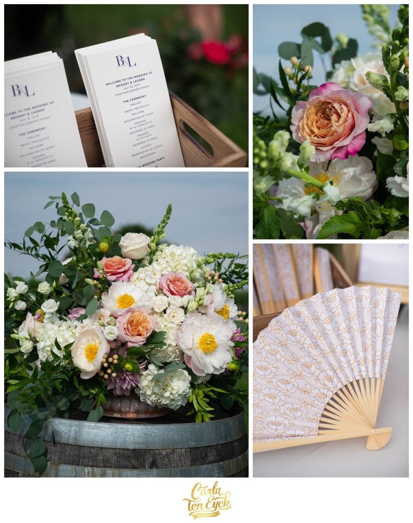 Peony, garden roses, dahlia floral centerpiece by Hana Floral at Jonathan Edwards Wedding