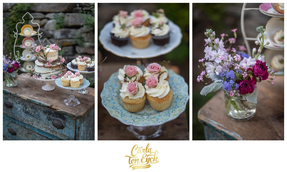 A Little Something Cake rose cupcakes at a styled shoot at Smith Farm Gardens in East Haddam CT