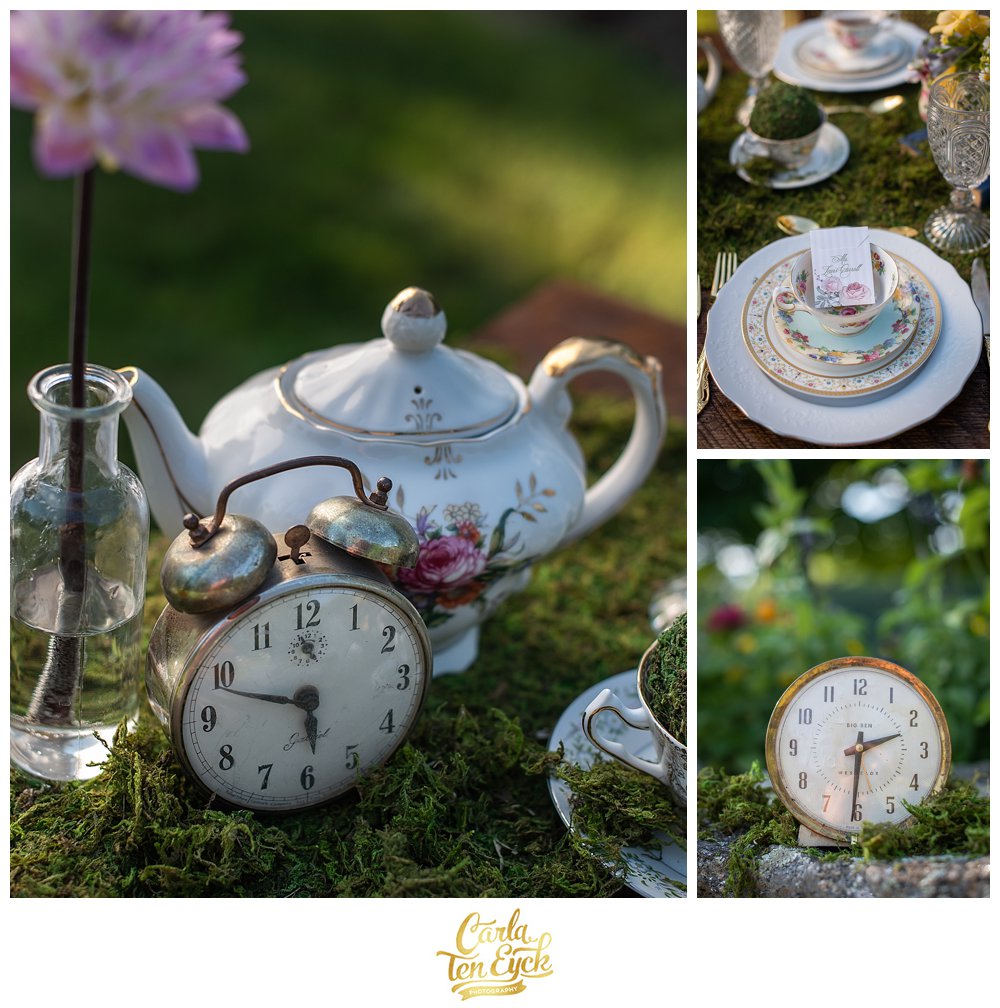 Vintage clocks and china at a styled shoot at Smith Farm Gardens in East Haddam CT