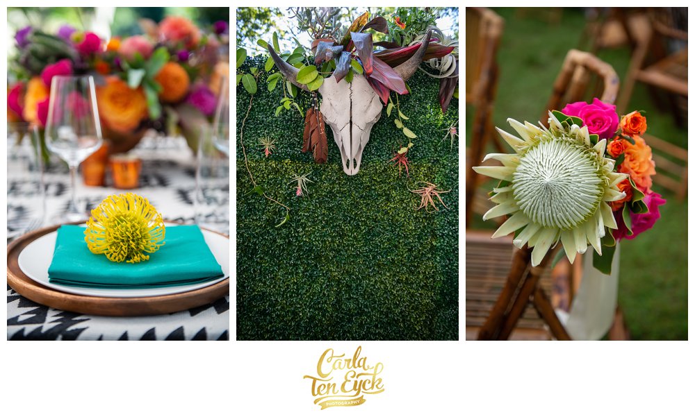 Southwest inspired wedding flowers with protea and a skull by Carrie Wilcox Floral Design Fairfield CT