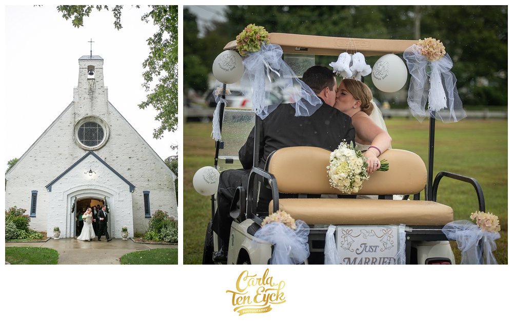 Bride and groom kiss in the rain on a golf cart on their wedding day in Lordship CT