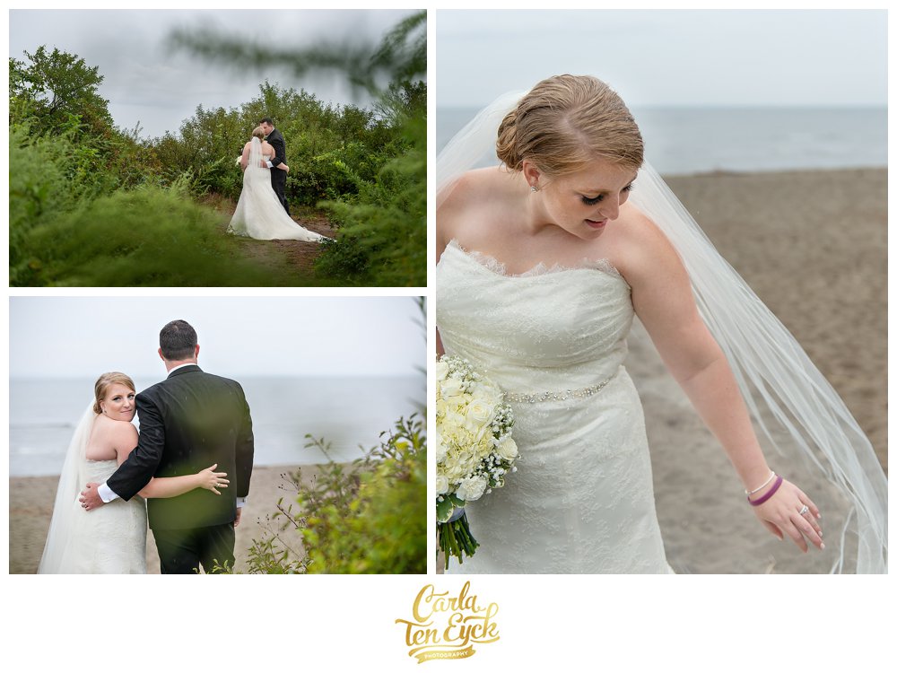 Happy bride on the beach on her wedding day in Lordship CT