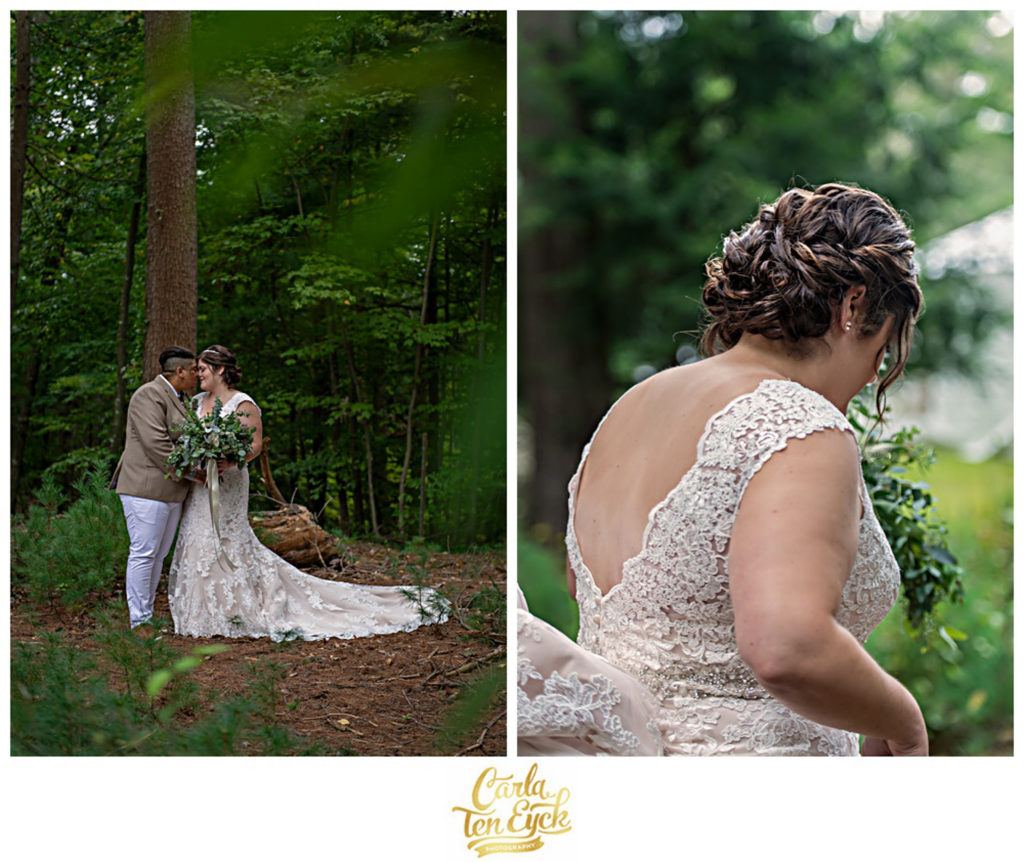 Two brides kiss on their wedding day at their back yard tented wedding in Glastonbury CT