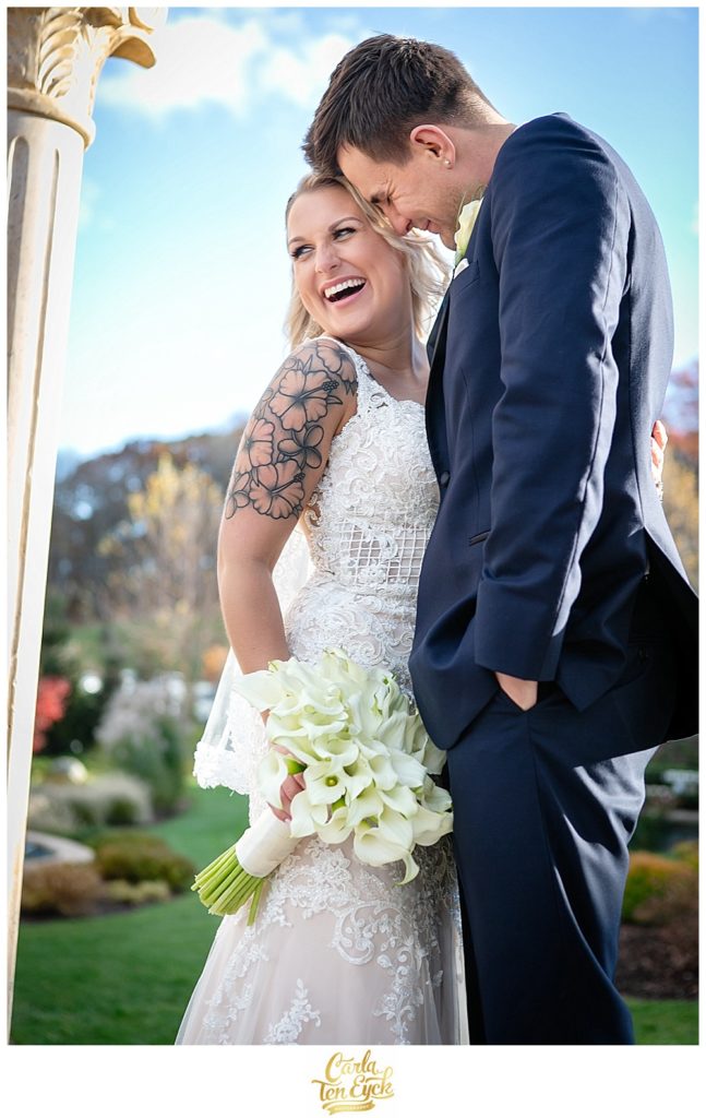 Bride and groom laugh on their wedding day at Aria in Prospect CT