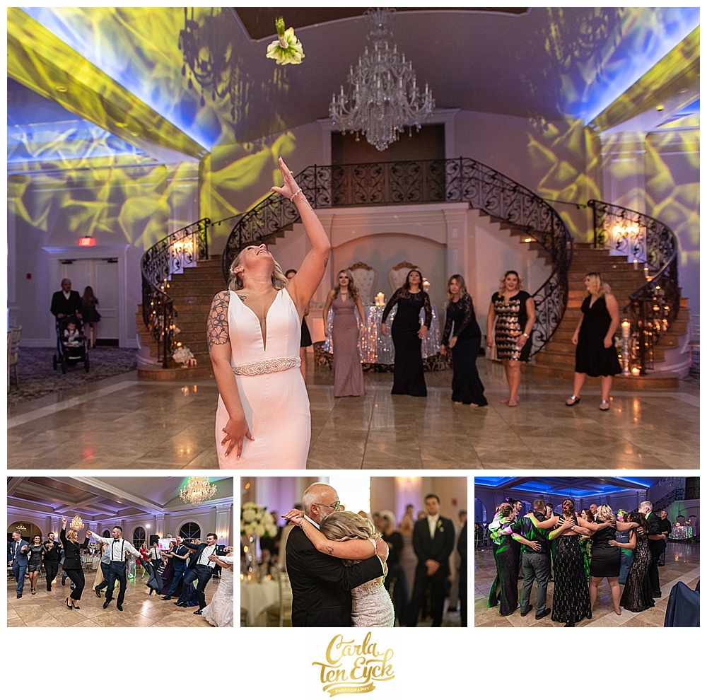 Bride throws her bouquet at her Aria CT wedding