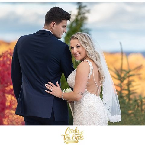 Bride and groom at their autumn wedding at Aria in Prospect CT