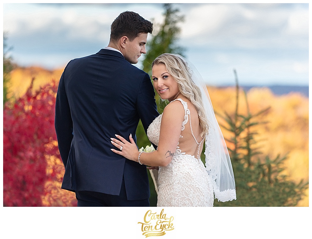 Bride and groom at their autumn wedding at Aria in Prospect CT
