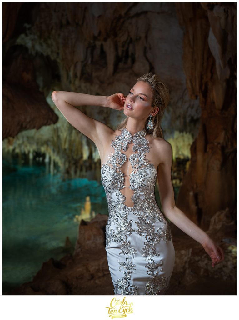 Bride in Pnina Tornai wedding gown in the Crystal Caves on Grand Cayman