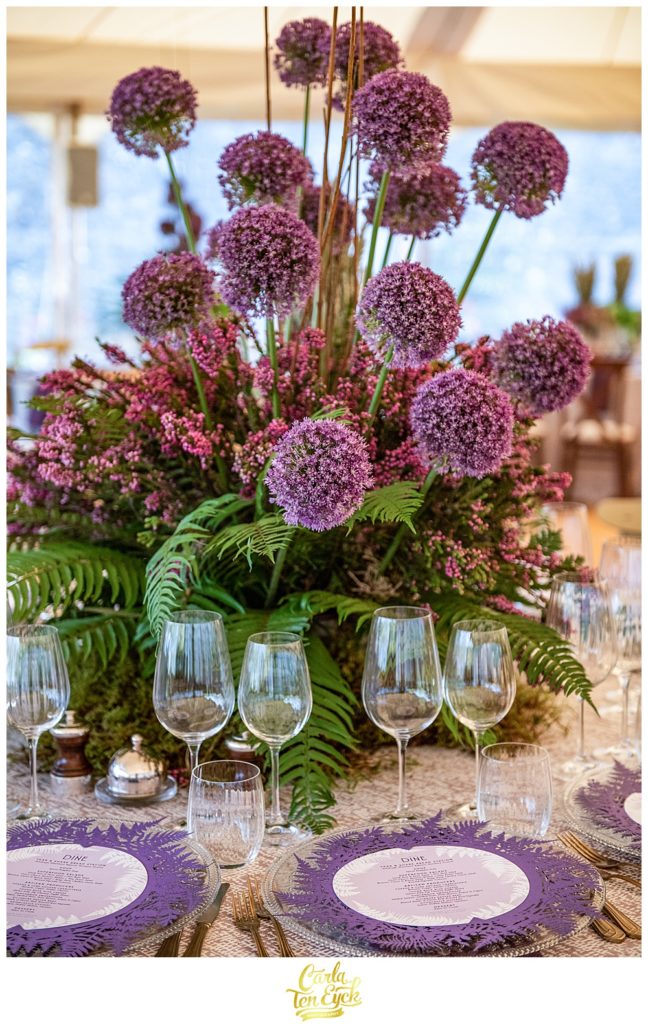 Purple allium centerpieces at a garden gala at Adare Manor County Limerick Ireland