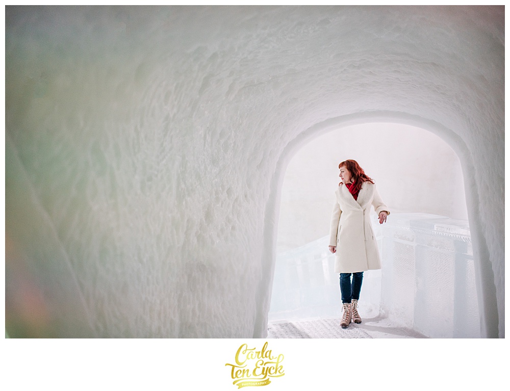 Woman at her engagement session at the ice Hotel de Glace in Montreal Canada