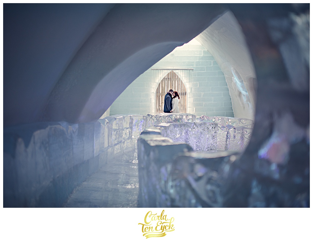 Couple during their engagement session at the ice Hotel de Glace in Montreal 