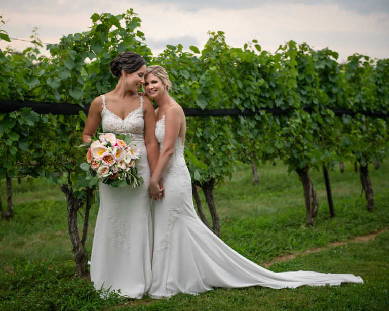 Two brides snuggle in the vineyard at their wedding at Jonathan Edwards Winery in North Stonington CT