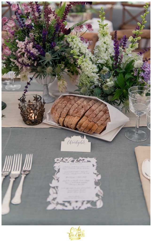 Fresh bread at the wedding table setting at Mount Stuart in Scotland