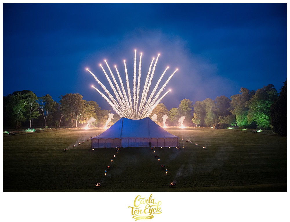 Fireworks over a tent at a wedding celebration at Mount Stuart on the Isle of Bute Scotland