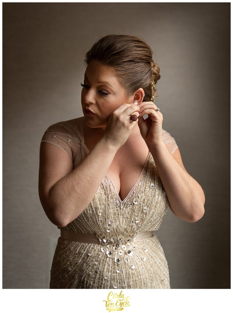 Bride gets ready for her wedding at the Boston Public Gardens in Boston MA