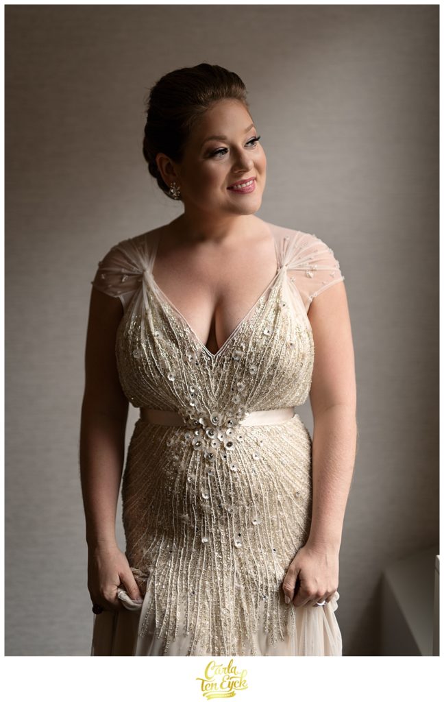 Bride in her Jenny Packham wedding gown before her wedding at the Boston Public Garden in Boston MA