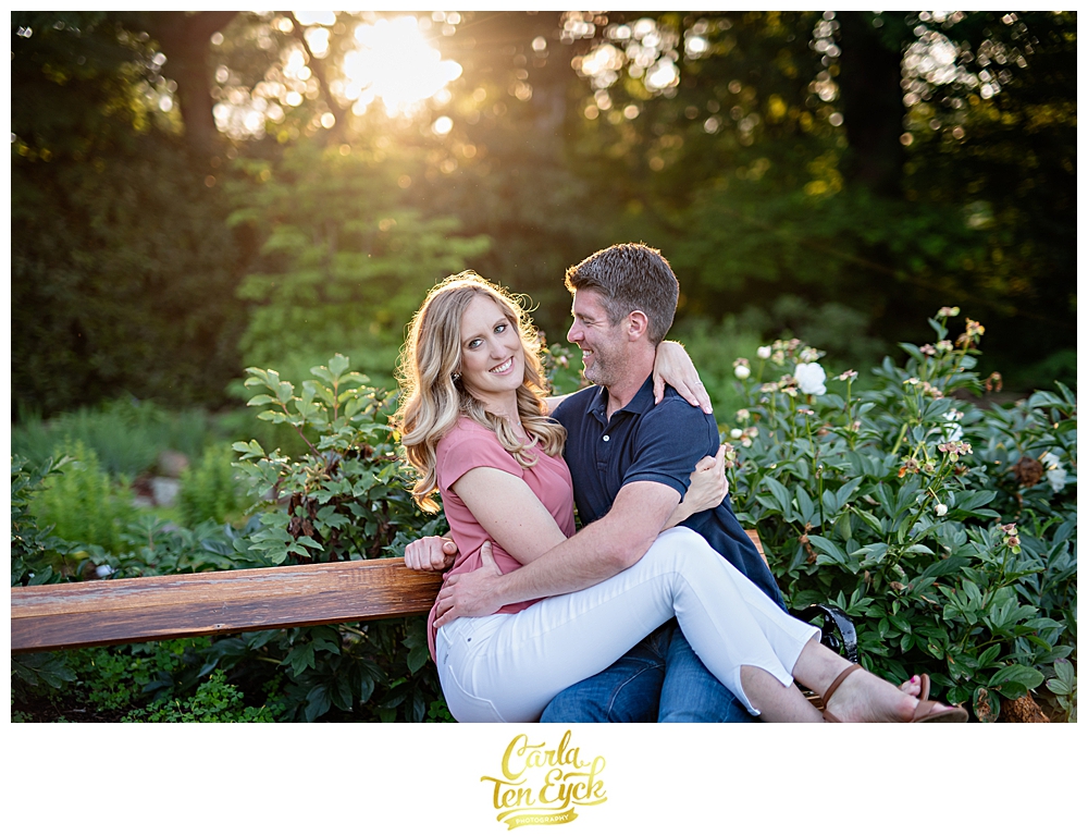 Golden light in Hartford's Elizabeth Park rock garden during an engagement session