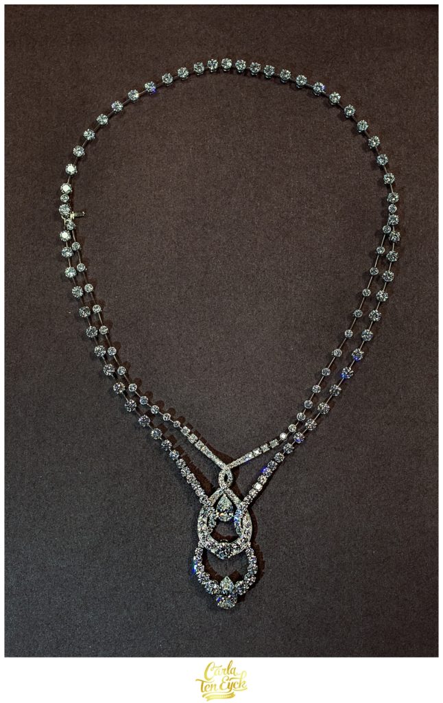 Diamond necklace on loan from a Paris jeweler for a wedding in Selby Abbey Yorkshire UK