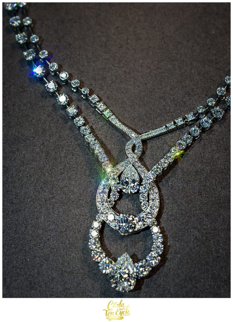 Diamond necklace on loan from a Paris jeweler for a wedding in Selby Abbey Yorkshire UK