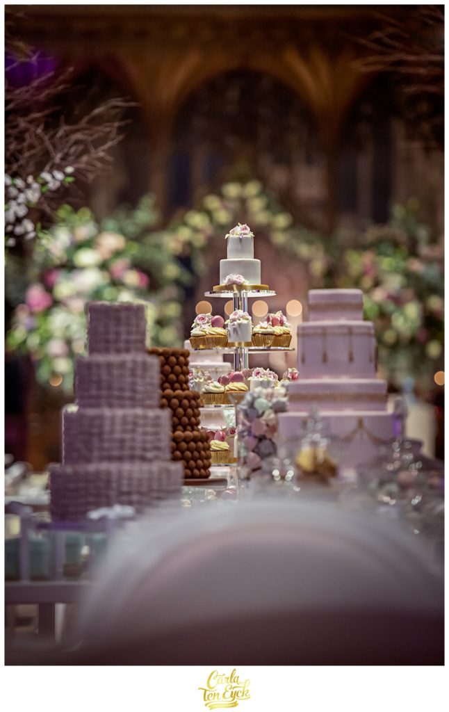 Many cakes line the altar at Selby Abbey in Yorkshire UK for a celebrity wedding