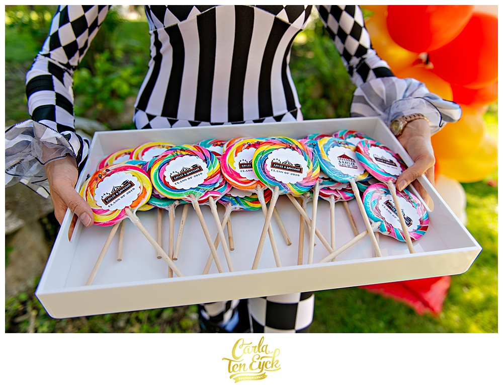 Rainbow lollipops at carnival themed graduation party in Niantic CT