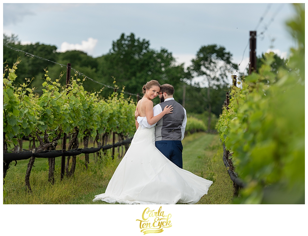Bride and groom in the vineyard at Jonathan Edwards winery wedding in North Stonington CT
