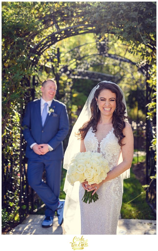 A bride and groom laugh at their wedding at Aria in Prospect CT