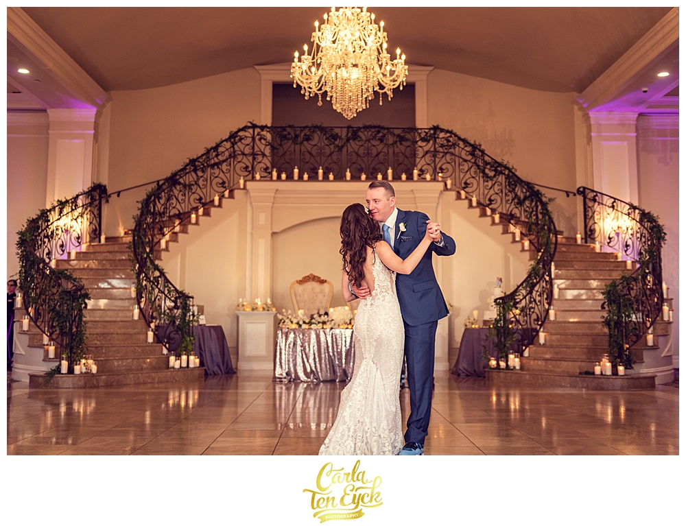 A bride and groom during their first dance at Aria in Prospect CT