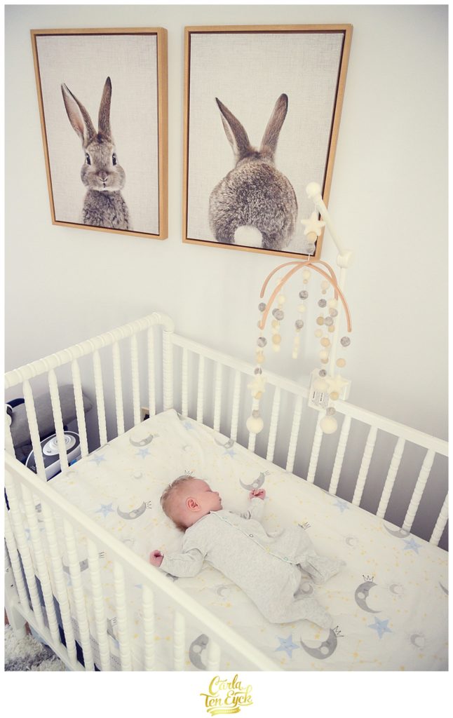 A baby sleeps in his crib during a family session with CT photographer Carla Ten Eyck