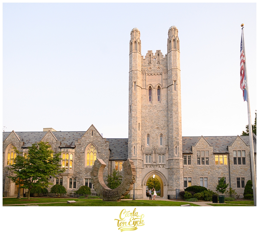 The UCONN Law School in the west End of Hartford CT glows at sunset during an engagement session