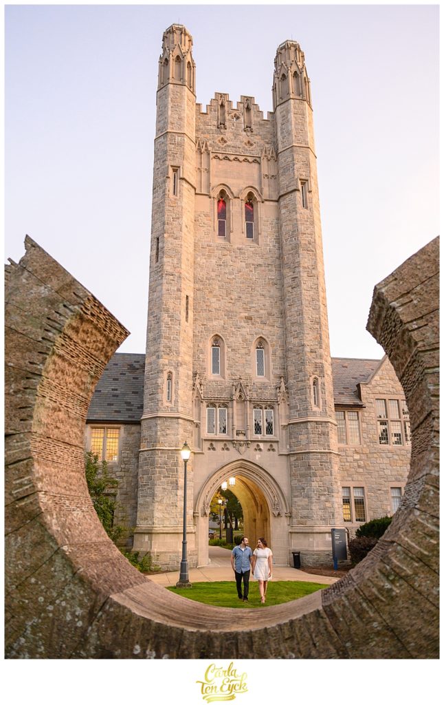 A couple walks on the campus of the UCONN Law School in Hartford CT's historic West End neighborhood