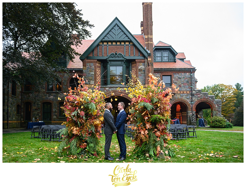 Two grooms at their altar at their wedding at the Eustis Estate in Milton MA
