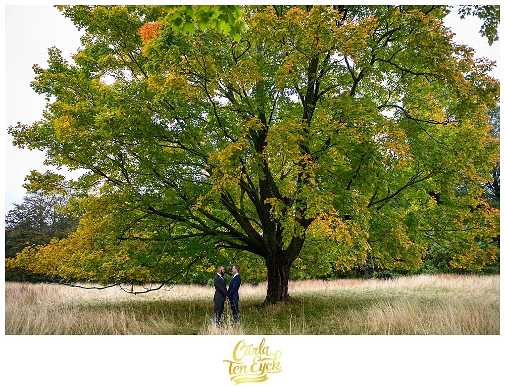 Tow grooms stare adoringly at each other at their wedding at the Eustis Estate in Milton MA