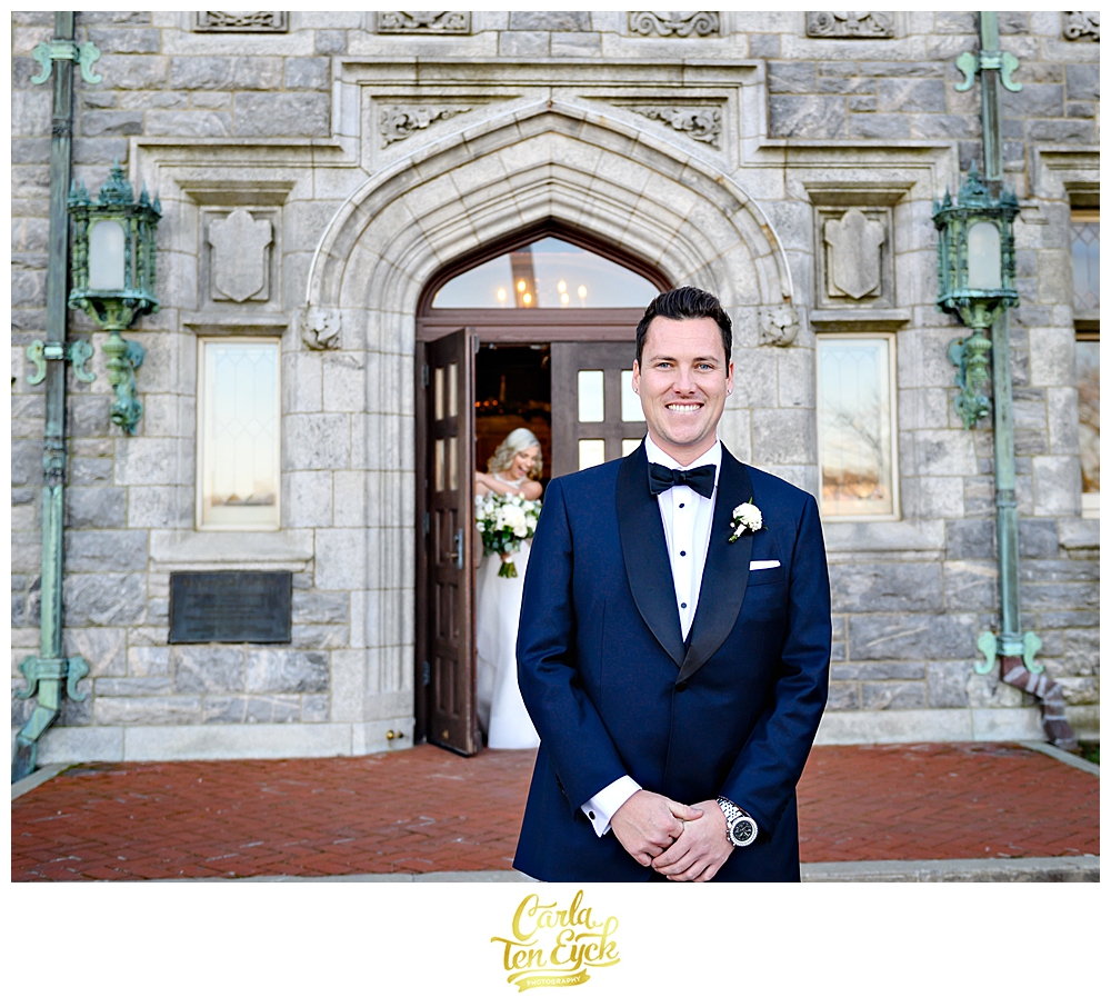 Bride and groom during their first look at their winter wedding at the Branford House in Groton, CT