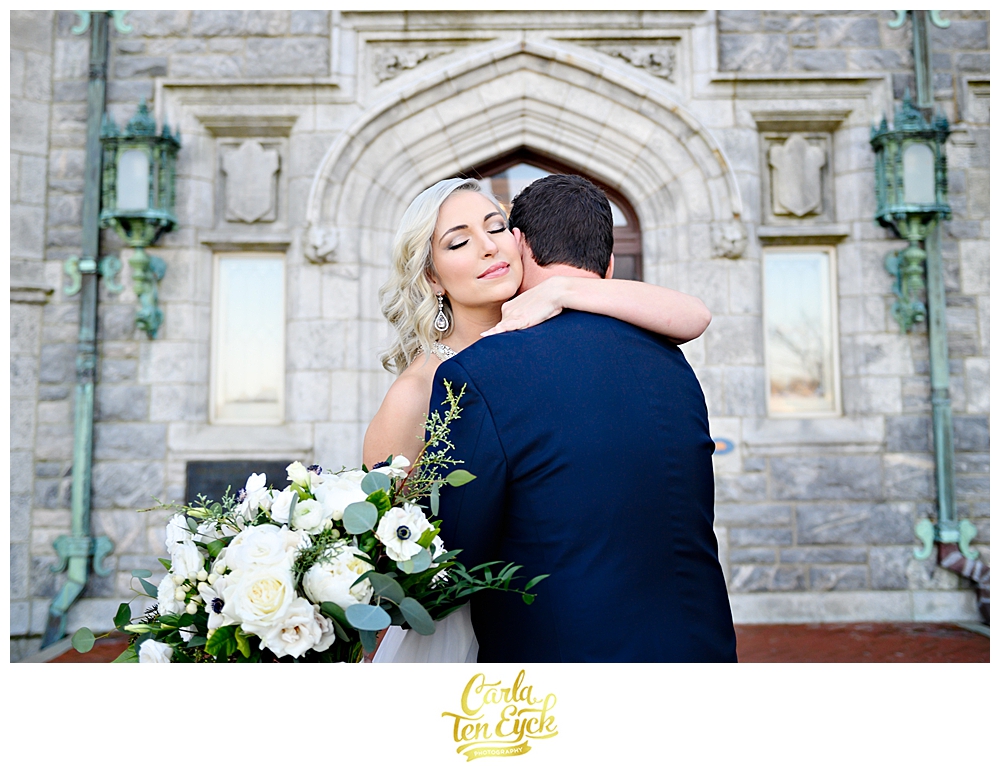 Bride and groom during their first look at their winter wedding at the Branford House in Groton CT