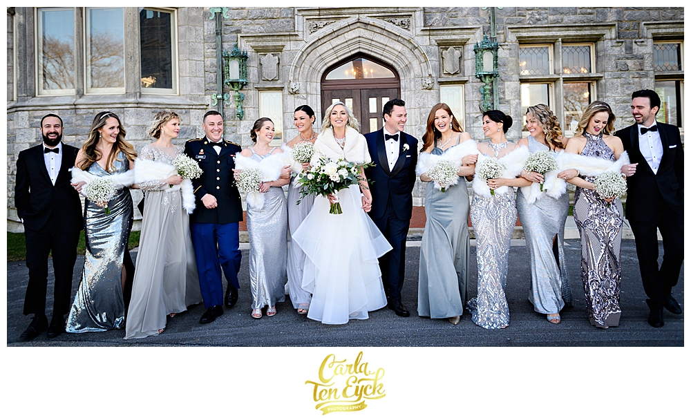 Wedding party in silver and black at a winter wedding at the Branford House in Groton CT