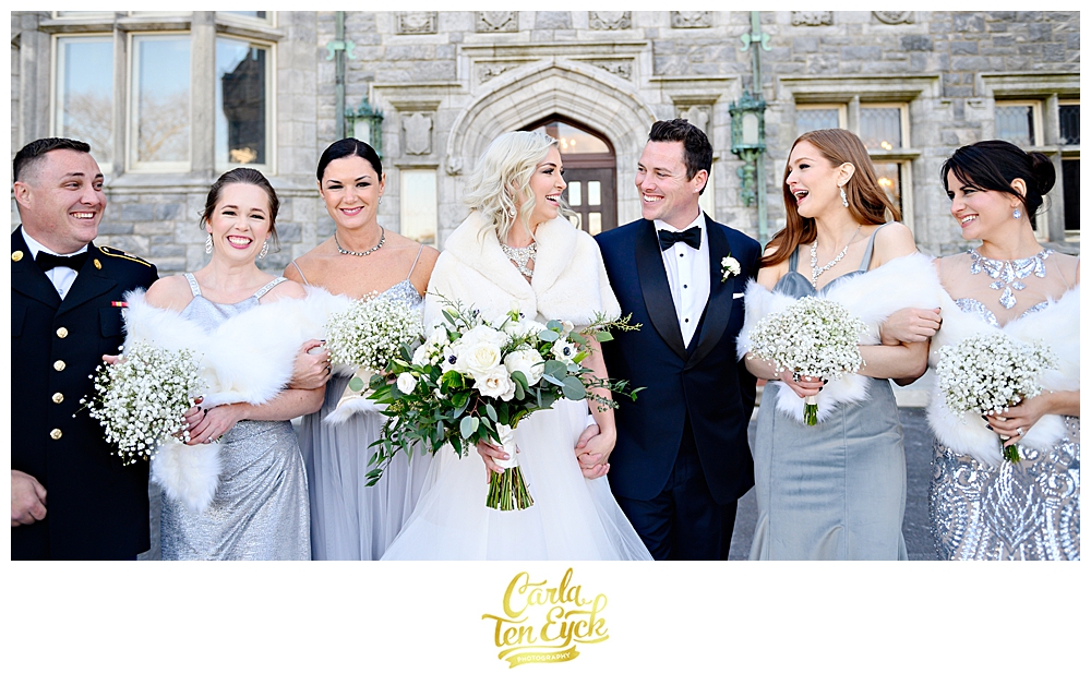 Wedding party at a winter wedding in silver and white at the Branford House in Groton CT